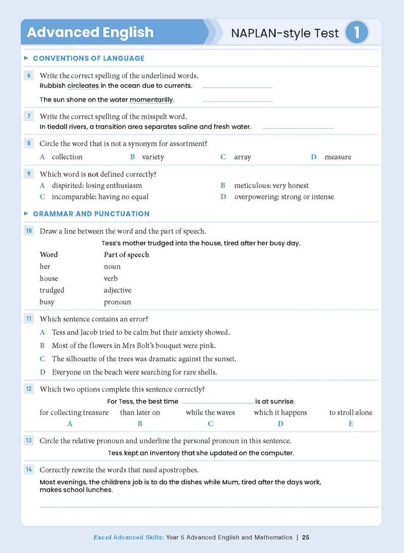 Sample interior page from the Excel Advanced Skills Advanced English and Mathematics Year 5 workbook, the twelfth image in the publisher gallery