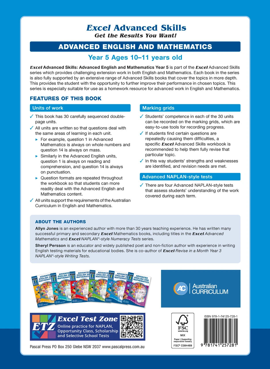 Back cover of the Excel Advanced Skills Advanced English and Mathematics Year 5 workbook with the publisher's overview of the book