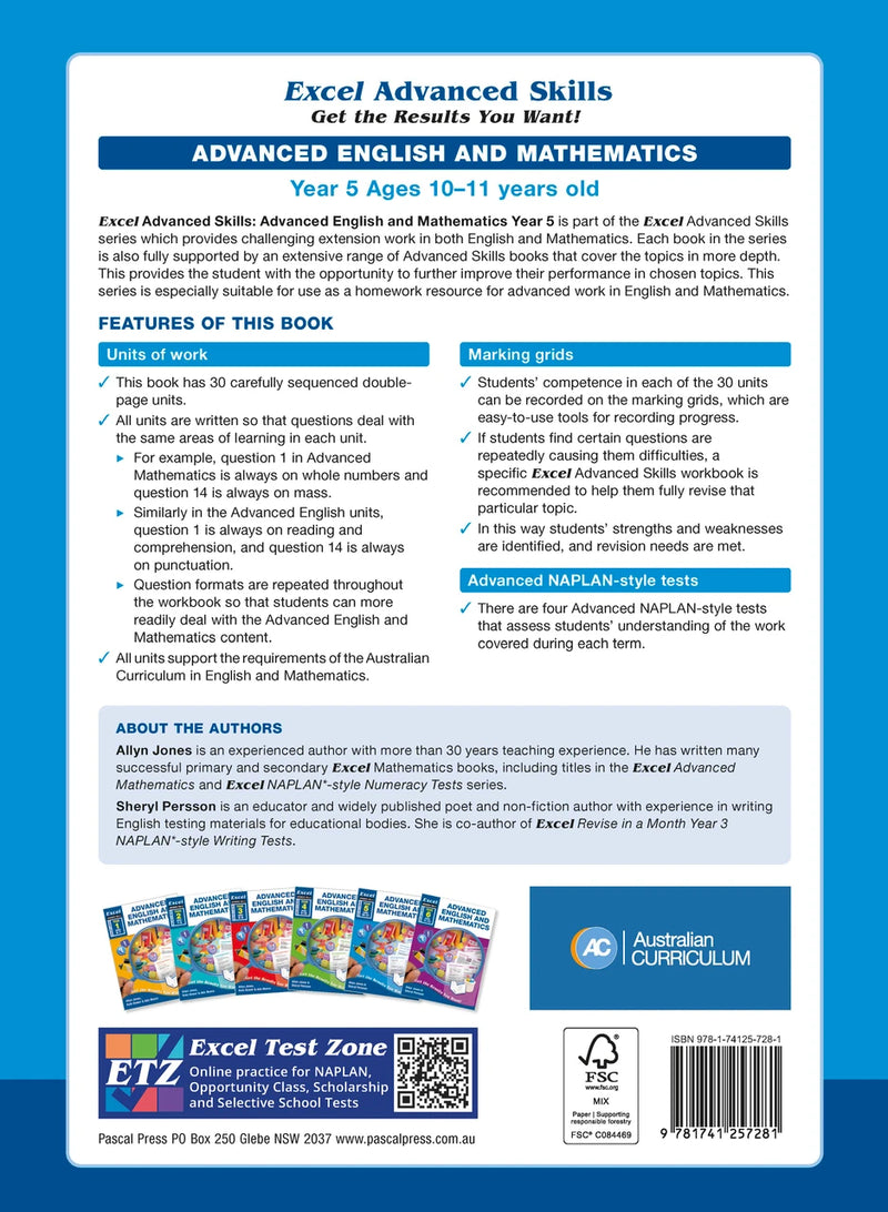 Back cover of the Excel Advanced Skills Advanced English and Mathematics Year 5 workbook with the publisher's overview of the book