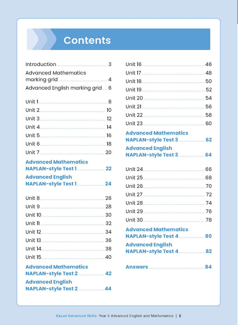 Sample interior page from the Excel Advanced Skills Advanced English and Mathematics Year 5 workbook, the second image in the publisher gallery