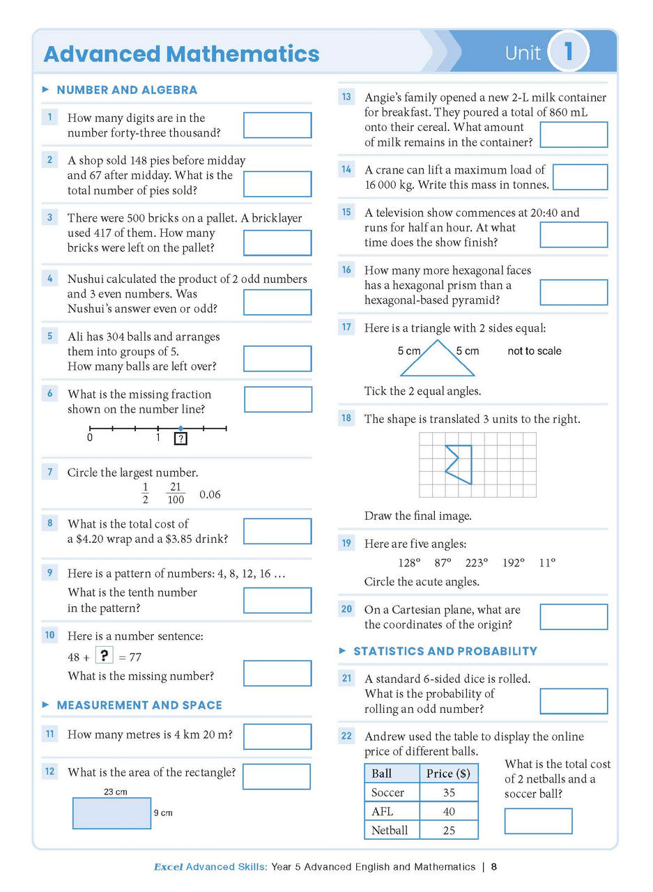 Sample interior page from the Excel Advanced Skills Advanced English and Mathematics Year 5 workbook, the third image in the publisher gallery