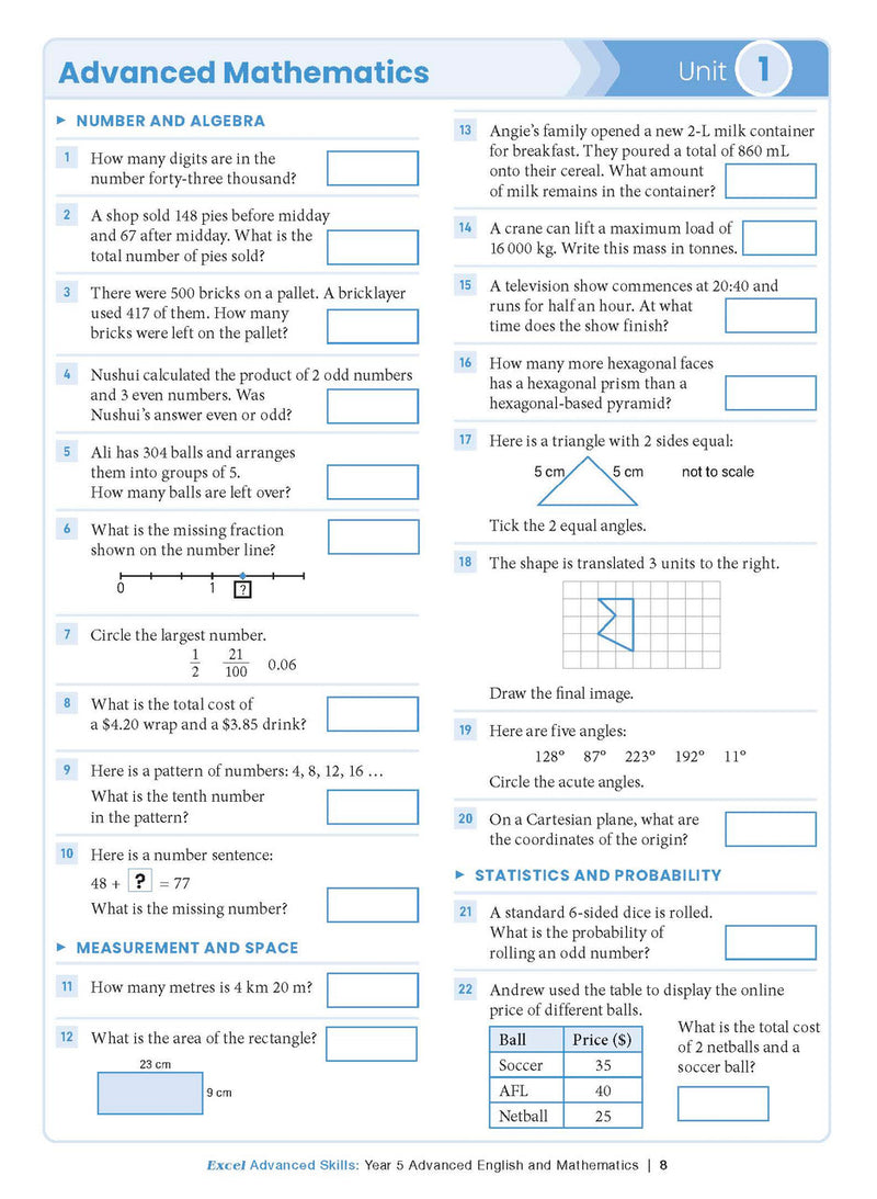 Sample interior page from the Excel Advanced Skills Advanced English and Mathematics Year 5 workbook, the third image in the publisher gallery