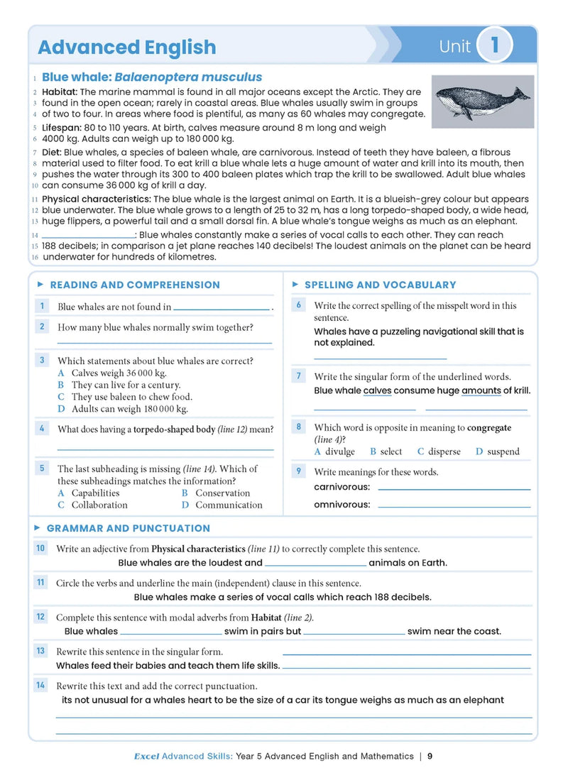 Sample interior page from the Excel Advanced Skills Advanced English and Mathematics Year 5 workbook, the fourth image in the publisher gallery