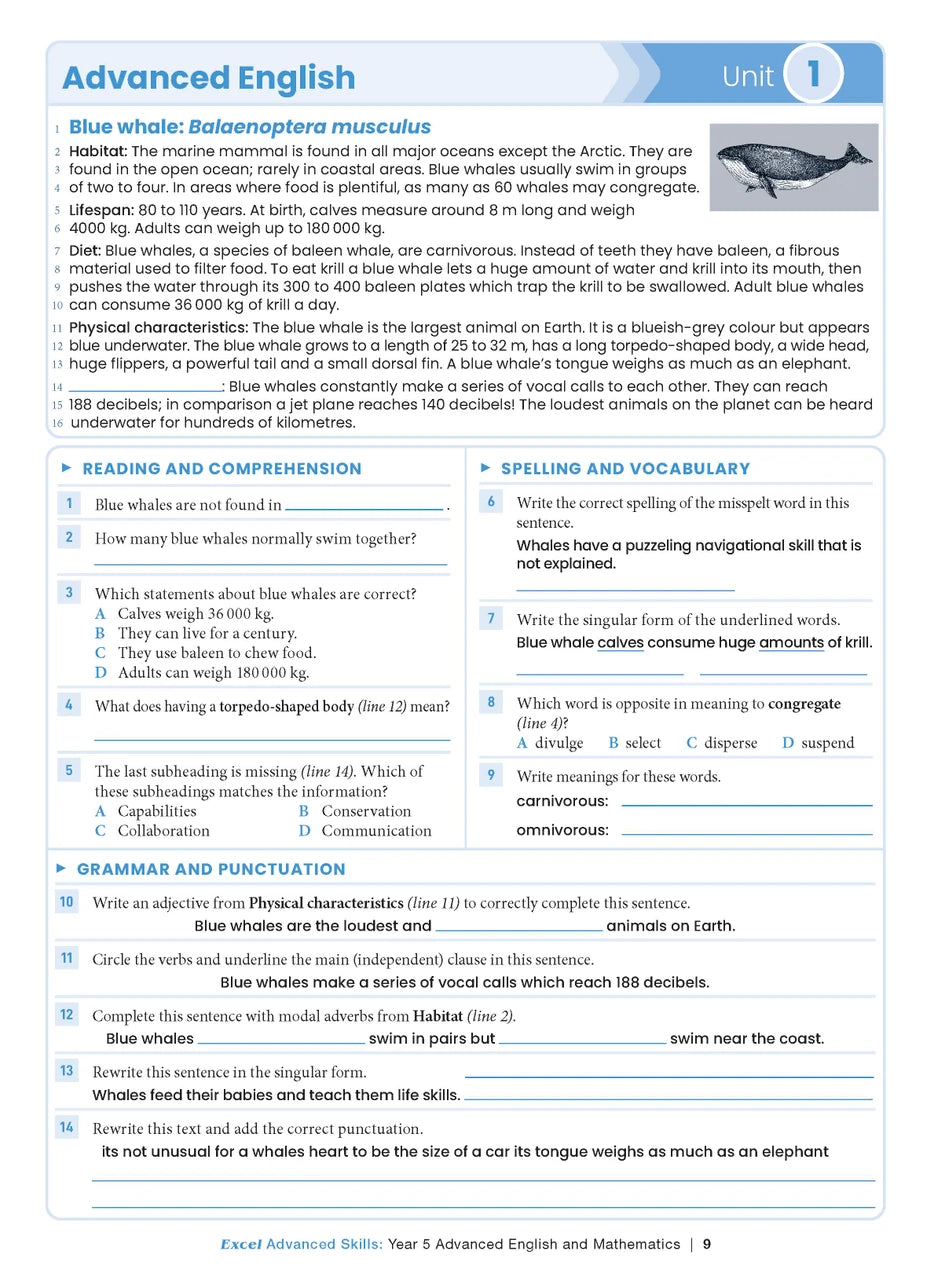 Sample interior page from the Excel Advanced Skills Advanced English and Mathematics Year 5 workbook, the fourth image in the publisher gallery
