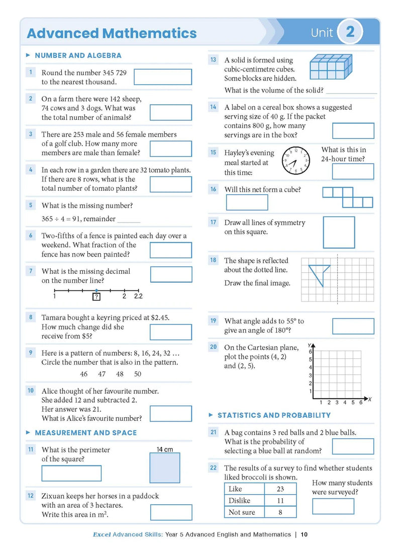 Sample interior page from the Excel Advanced Skills Advanced English and Mathematics Year 5 workbook, the fifth image in the publisher gallery