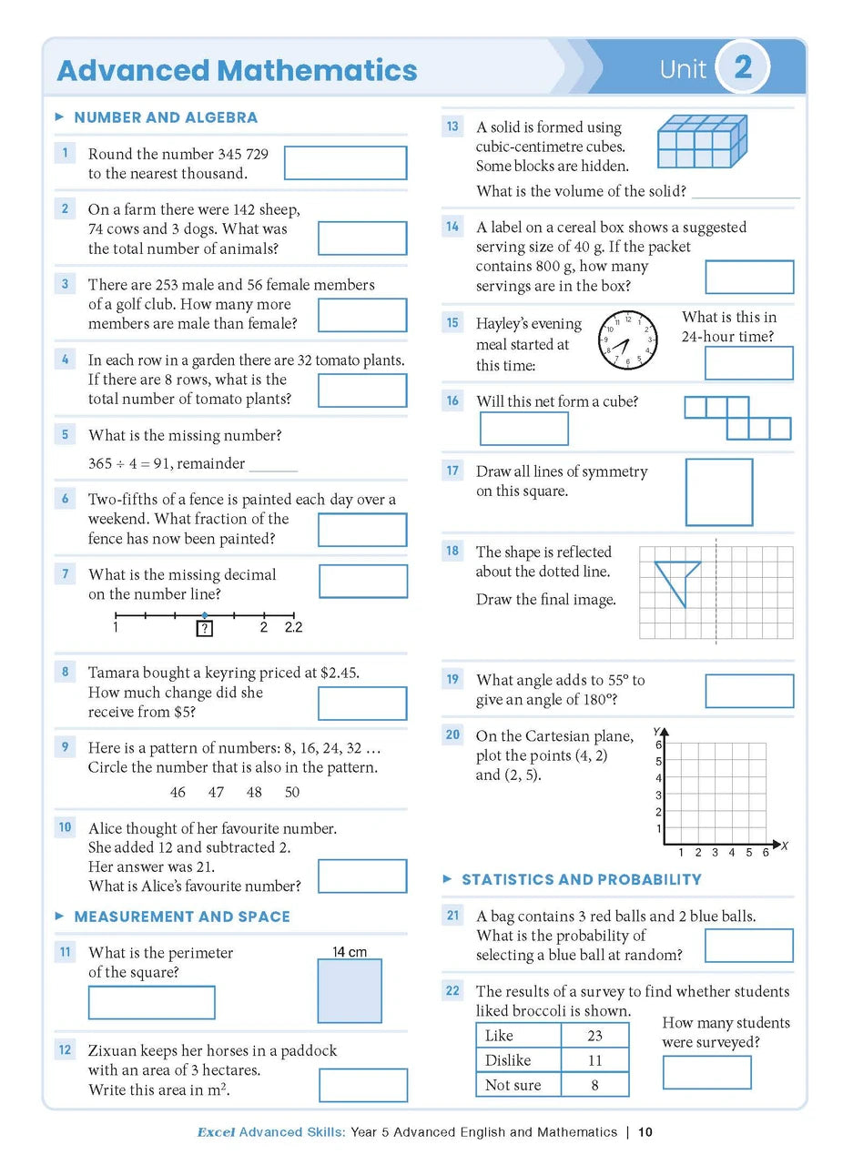Sample interior page from the Excel Advanced Skills Advanced English and Mathematics Year 5 workbook, the fifth image in the publisher gallery