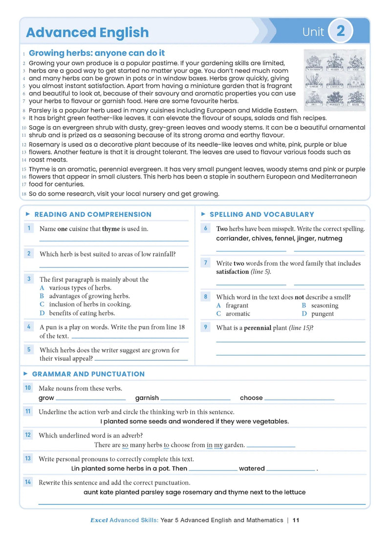 Sample interior page from the Excel Advanced Skills Advanced English and Mathematics Year 5 workbook, the sixth image in the publisher gallery