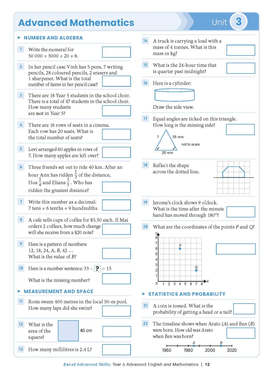 Sample interior page from the Excel Advanced Skills Advanced English and Mathematics Year 5 workbook, the seventh image in the publisher gallery