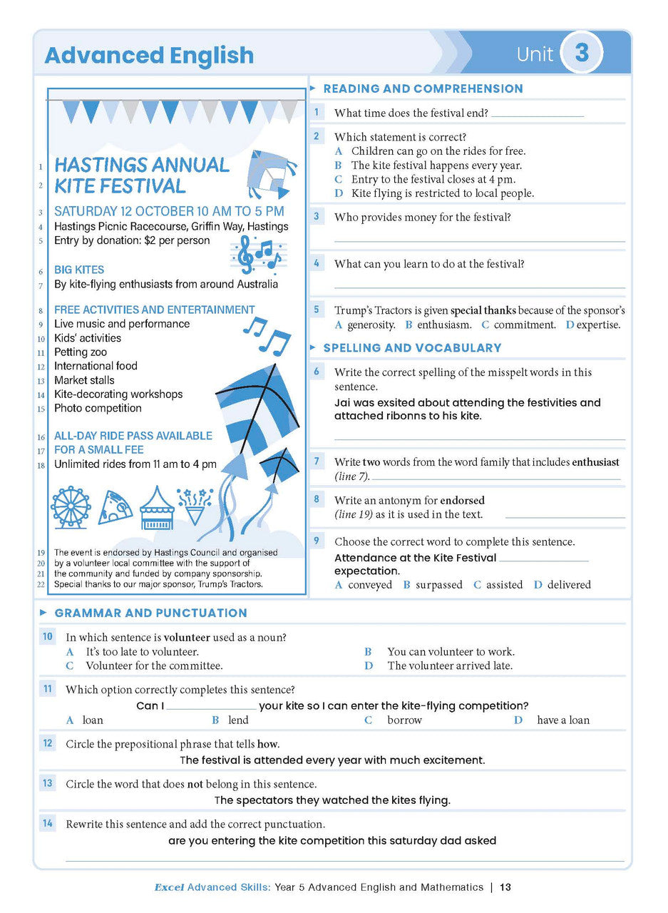 Sample interior page from the Excel Advanced Skills Advanced English and Mathematics Year 5 workbook, the eighth image in the publisher gallery