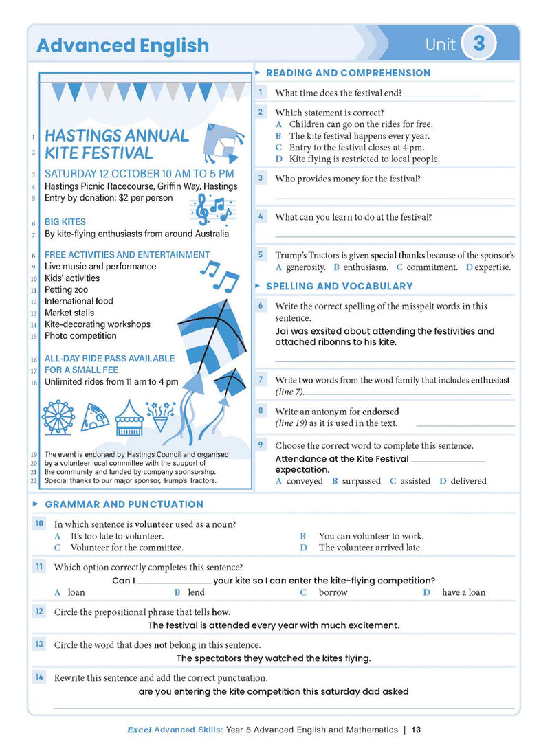 Sample interior page from the Excel Advanced Skills Advanced English and Mathematics Year 5 workbook, the eighth image in the publisher gallery
