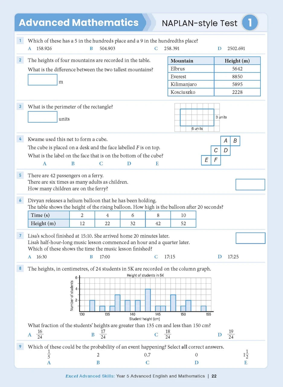 Sample interior page from the Excel Advanced Skills Advanced English and Mathematics Year 5 workbook, the ninth image in the publisher gallery
