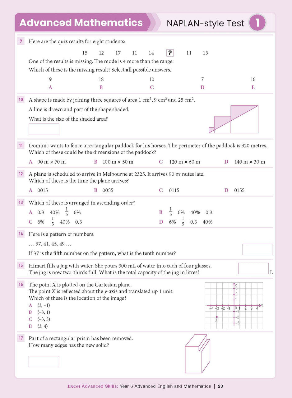 Sample interior page from the Excel Advanced Skills Advanced English and Mathematics Year 6 workbook, the tenth image in the publisher gallery