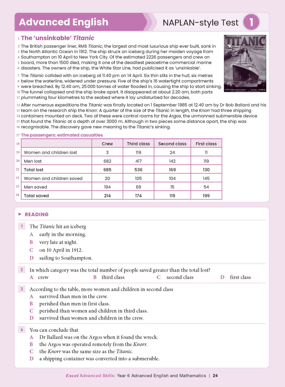 Sample interior page from the Excel Advanced Skills Advanced English and Mathematics Year 6 workbook, the eleventh image in the publisher gallery