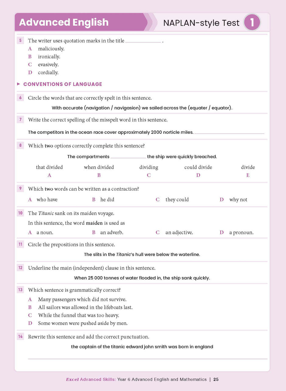 Sample interior page from the Excel Advanced Skills Advanced English and Mathematics Year 6 workbook, the twelfth image in the publisher gallery