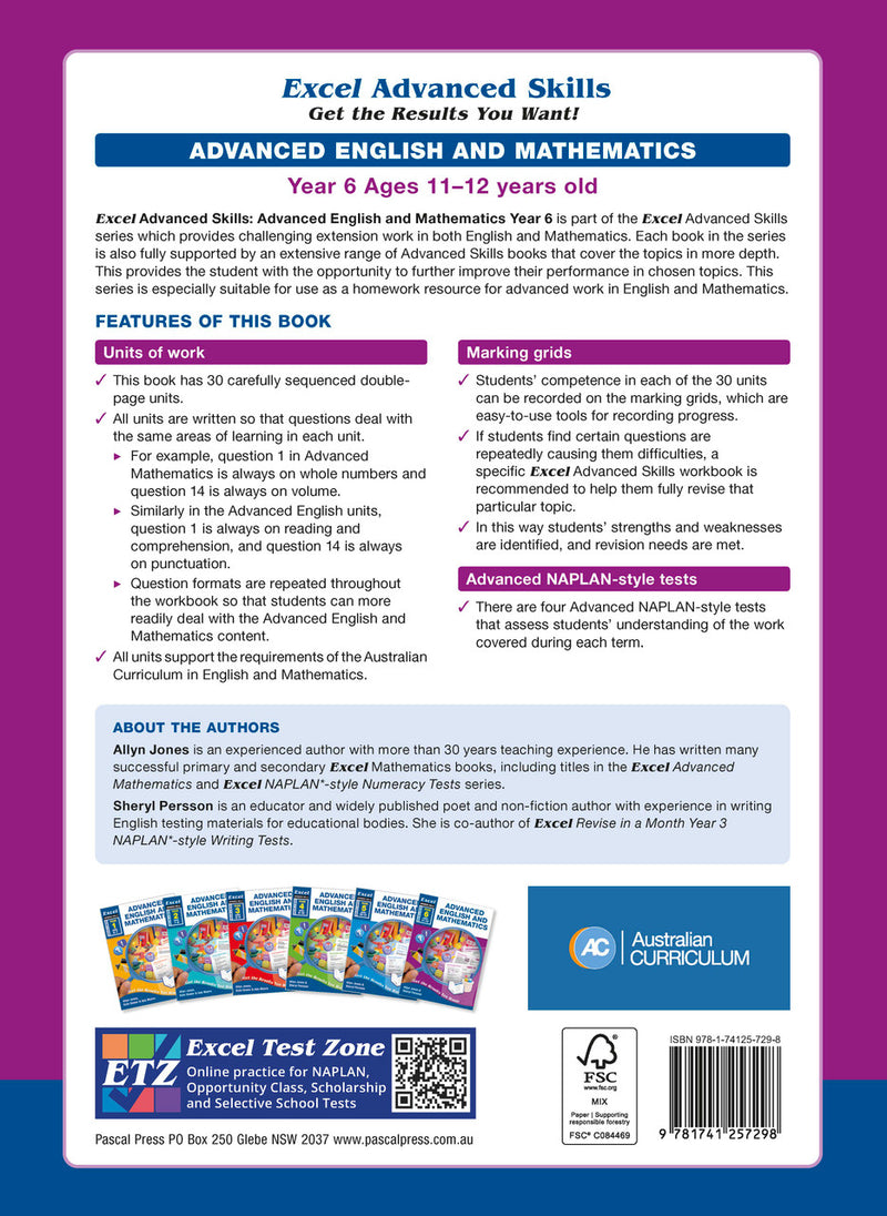 Back cover of the Excel Advanced Skills Advanced English and Mathematics Year 6 workbook with the publisher's overview of the book