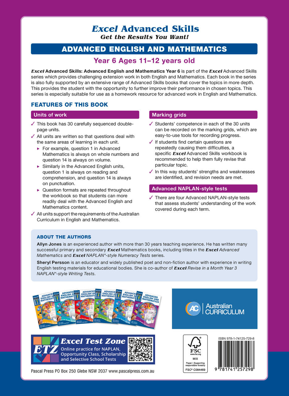 Back cover of the Excel Advanced Skills Advanced English and Mathematics Year 6 workbook with the publisher's overview of the book
