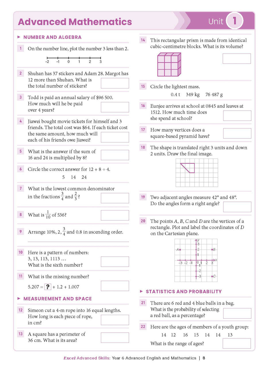 Sample interior page from the Excel Advanced Skills Advanced English and Mathematics Year 6 workbook, the third image in the publisher gallery