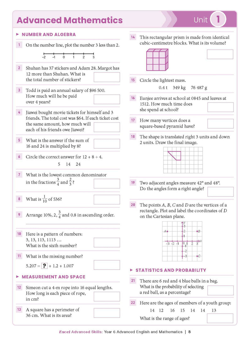 Sample interior page from the Excel Advanced Skills Advanced English and Mathematics Year 6 workbook, the third image in the publisher gallery