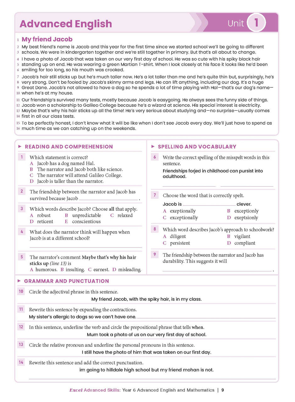 Sample interior page from the Excel Advanced Skills Advanced English and Mathematics Year 6 workbook, the fourth image in the publisher gallery