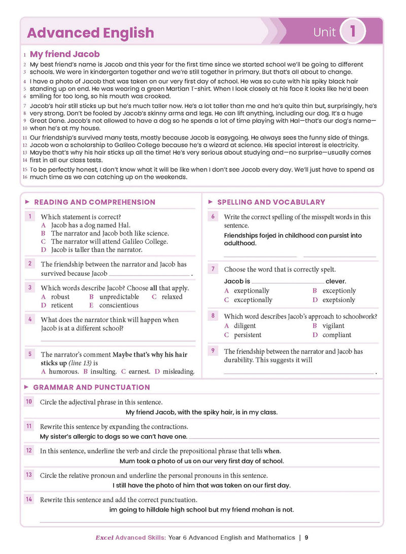 Sample interior page from the Excel Advanced Skills Advanced English and Mathematics Year 6 workbook, the fourth image in the publisher gallery