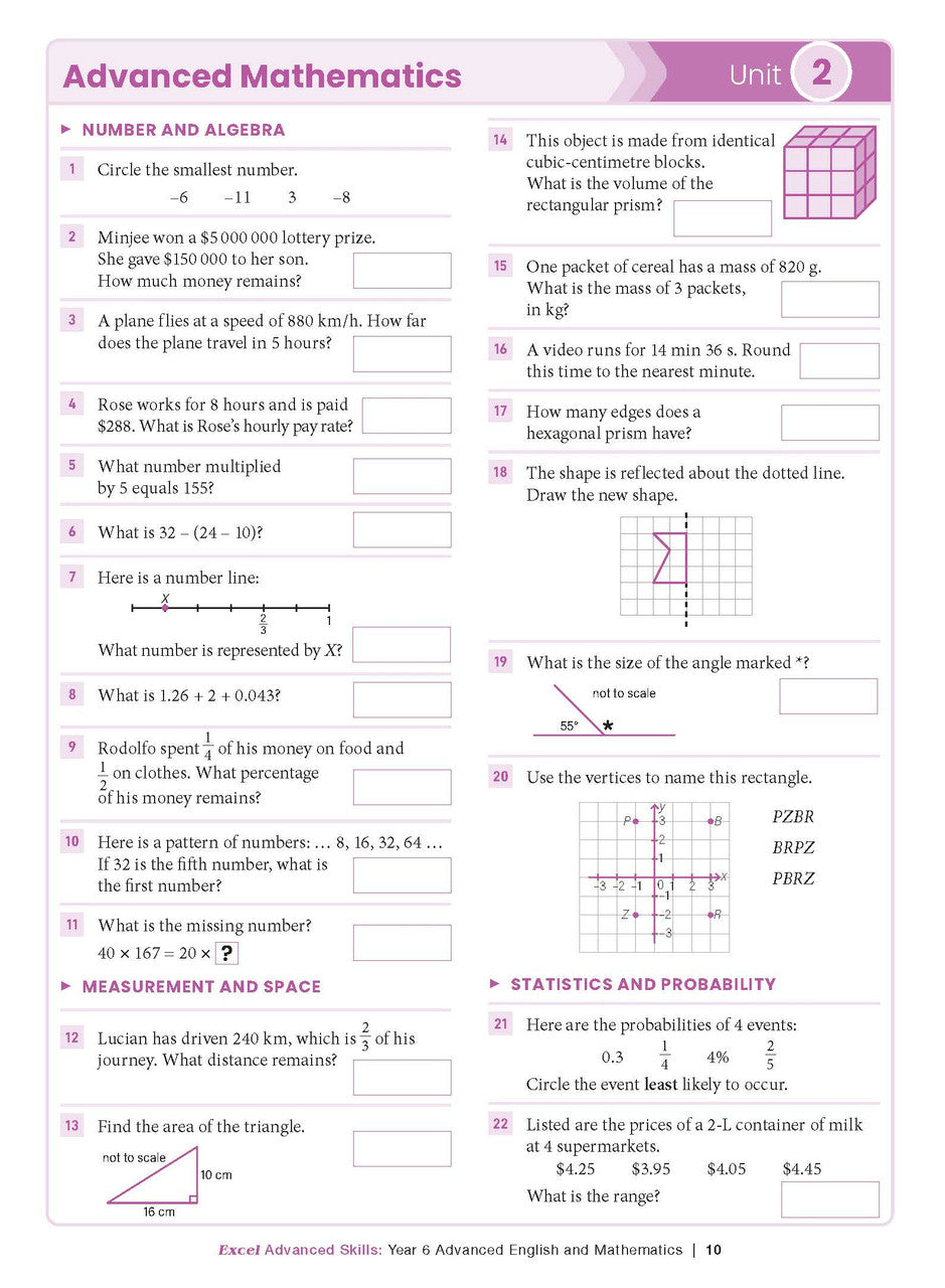 Sample interior page from the Excel Advanced Skills Advanced English and Mathematics Year 6 workbook, the fifth image in the publisher gallery