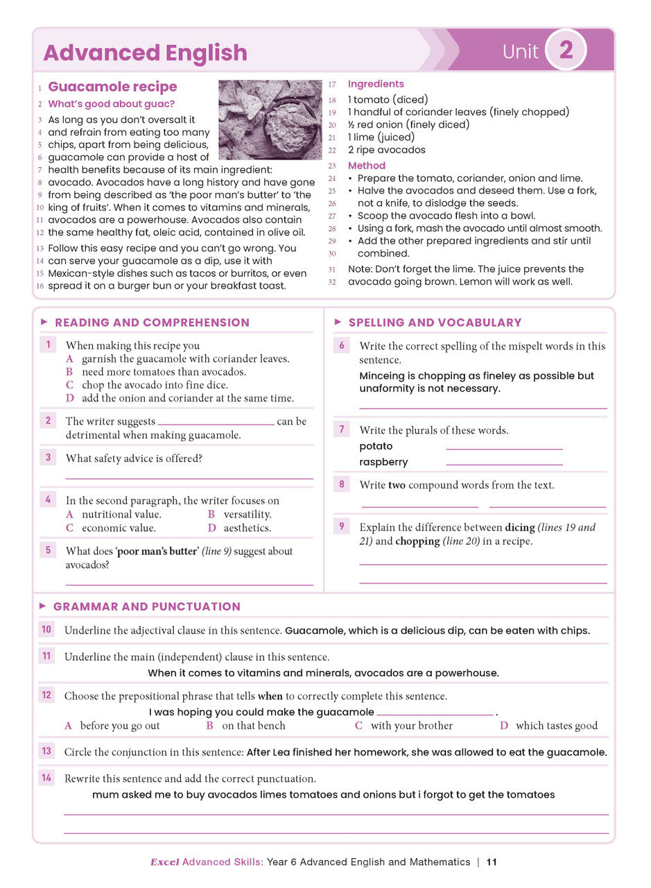 Sample interior page from the Excel Advanced Skills Advanced English and Mathematics Year 6 workbook, the sixth image in the publisher gallery