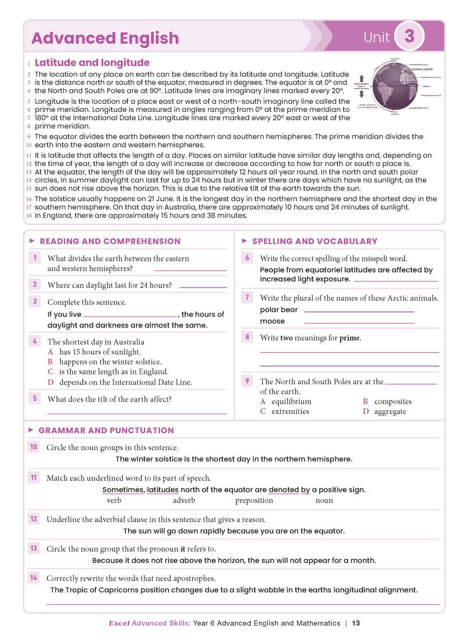 Sample interior page from the Excel Advanced Skills Advanced English and Mathematics Year 6 workbook, the eighth image in the publisher gallery