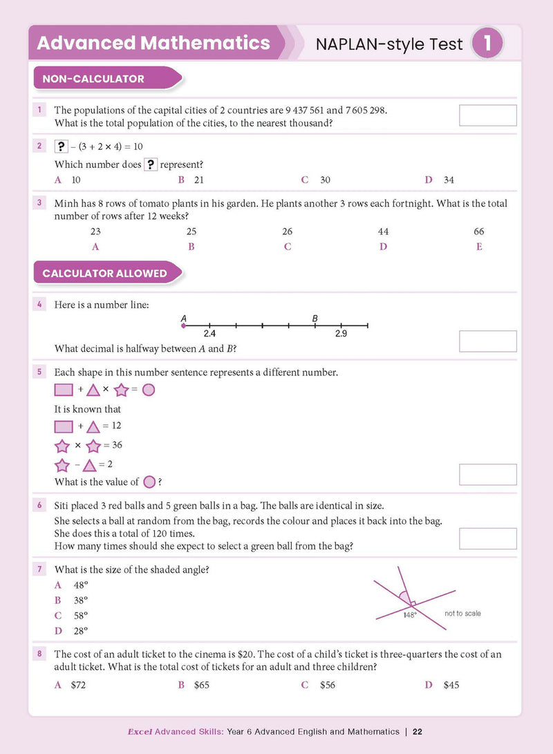 Sample interior page from the Excel Advanced Skills Advanced English and Mathematics Year 6 workbook, the ninth image in the publisher gallery