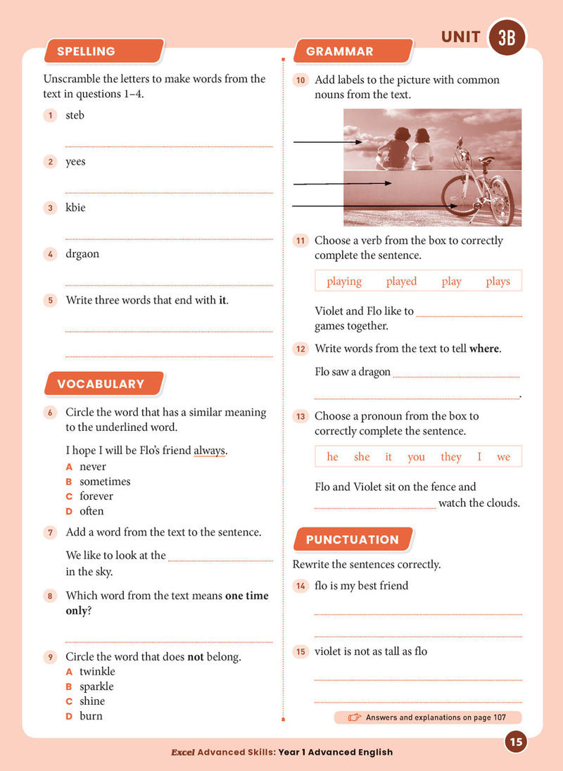 Sample interior page 15 from Excel Advanced English Year 1 showing the workbook's English activities and questions