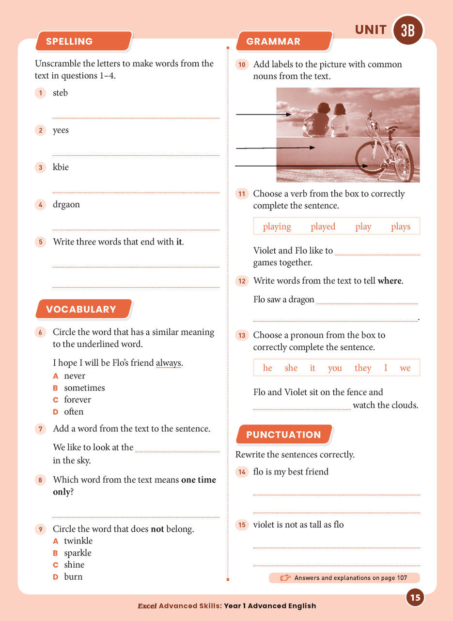 Sample interior page 15 from Excel Advanced English Year 1 showing the workbook's English activities and questions