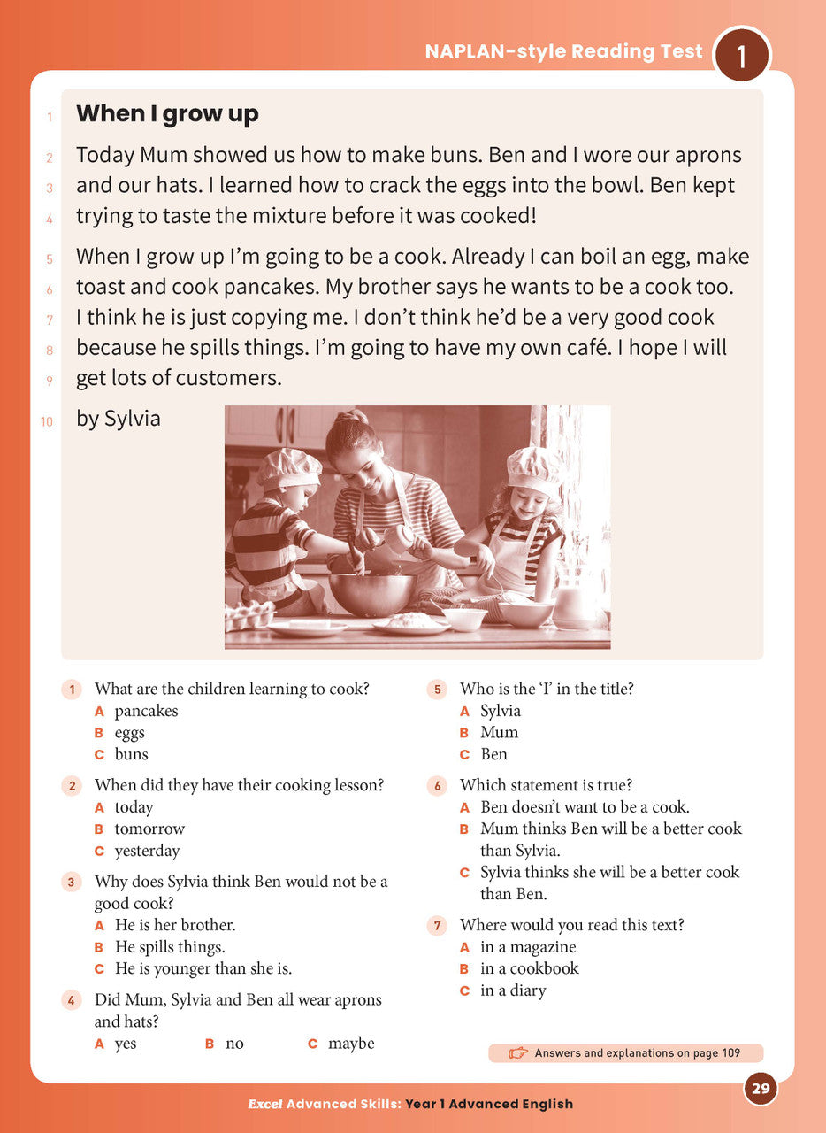 Sample interior page 29 from Excel Advanced English Year 1 showing the workbook's English activities and questions