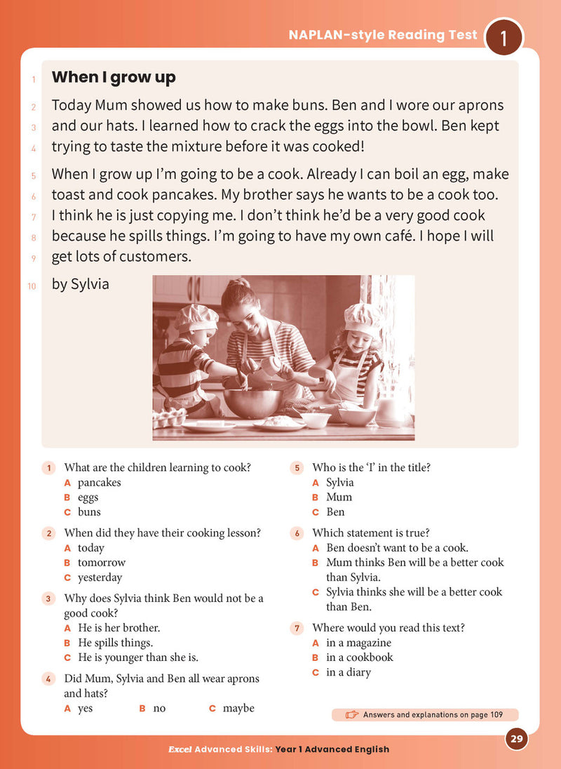 Sample interior page 29 from Excel Advanced English Year 1 showing the workbook's English activities and questions