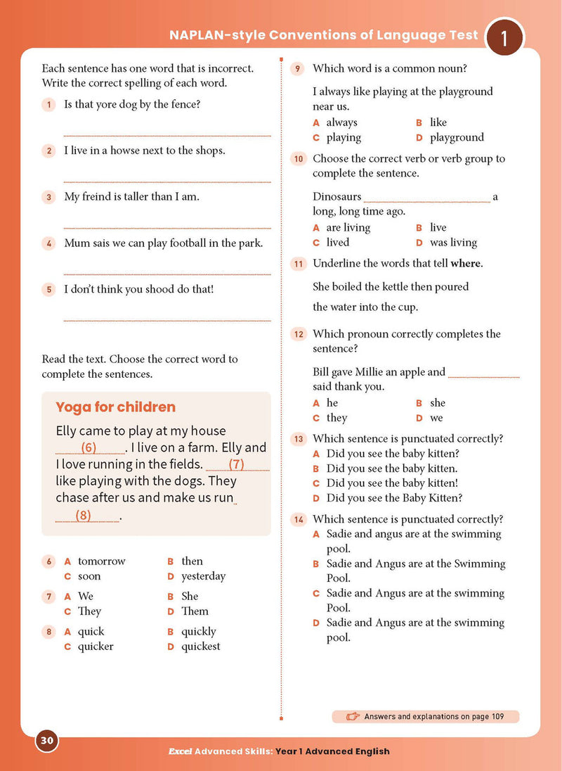Sample interior page 30 from Excel Advanced English Year 1 showing the workbook's English activities and questions