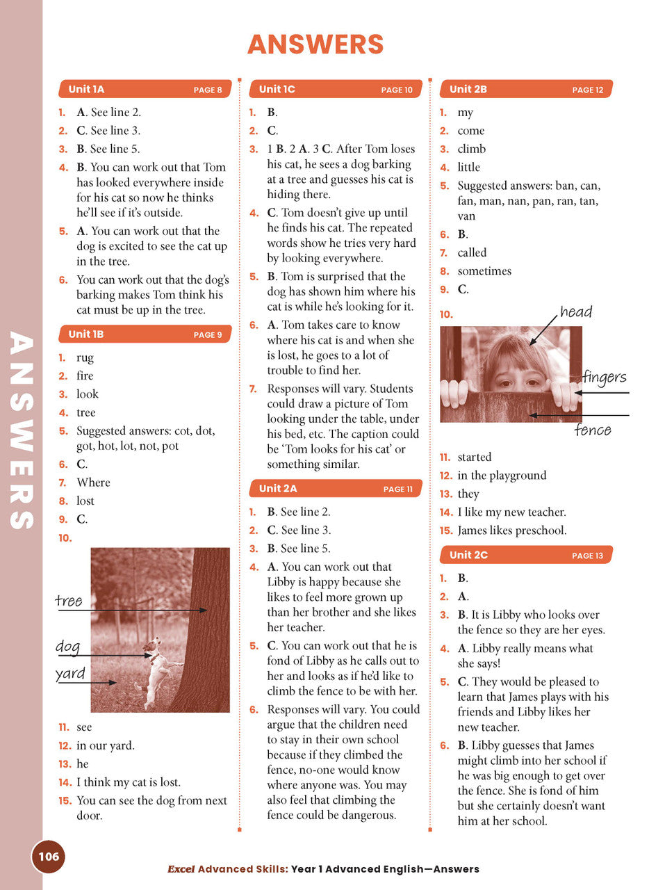 Sample interior page 106 from Excel Advanced English Year 1 showing the workbook's English activities and questions