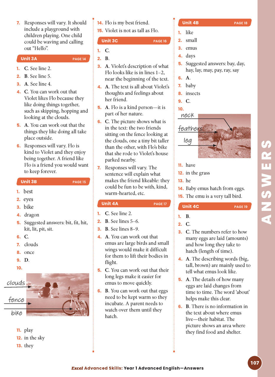 Sample interior page 107 from Excel Advanced English Year 1 showing the workbook's English activities and questions