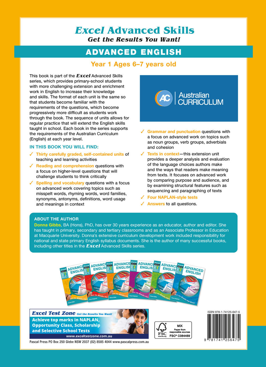 Back cover of Excel Advanced English Year 1 with the publisher's summary of what the workbook covers