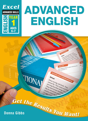Front cover of Excel Advanced English Year 1, showing the Excel Advanced Skills series branding, title and year level