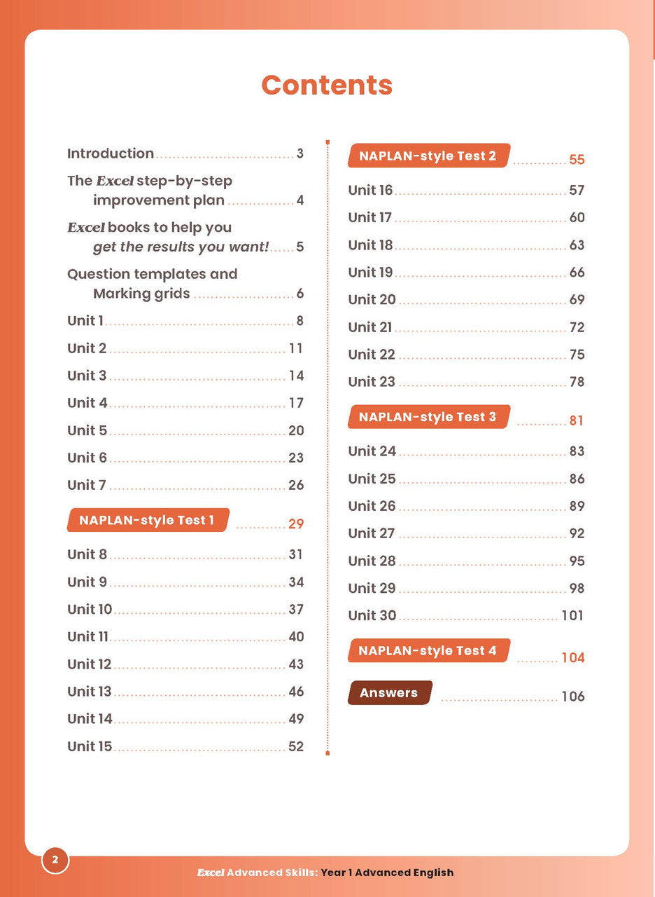 Sample interior page 2 from Excel Advanced English Year 1 showing the workbook's English activities and questions