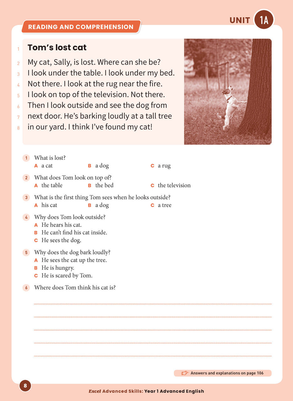 Sample interior page 8 from Excel Advanced English Year 1 showing the workbook's English activities and questions