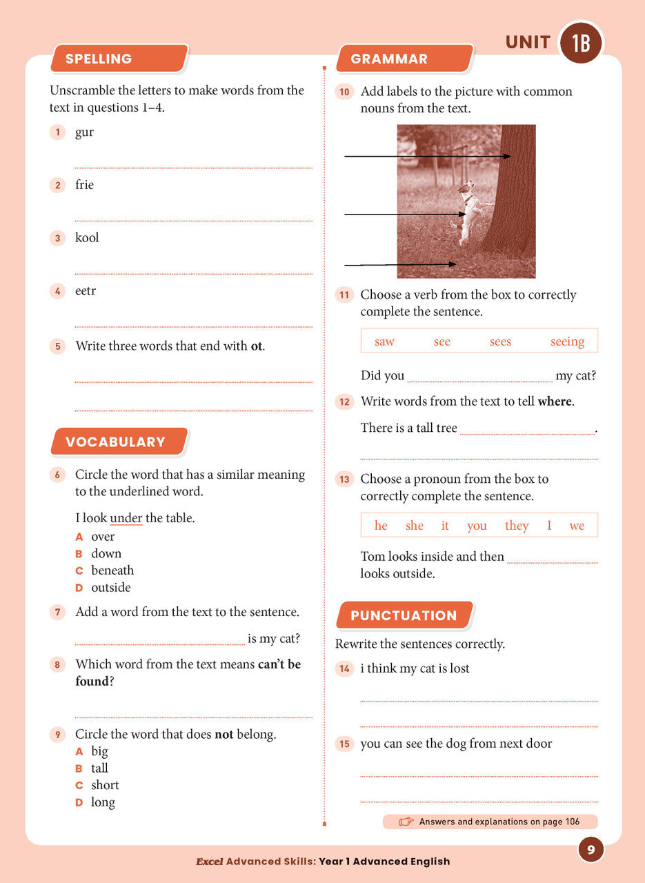 Sample interior page 9 from Excel Advanced English Year 1 showing the workbook's English activities and questions