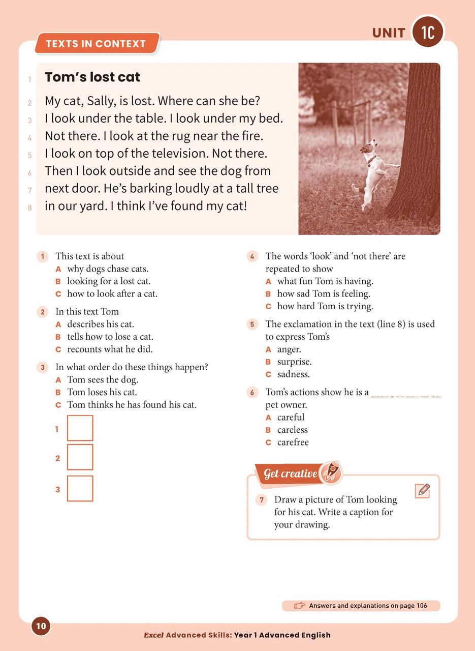 Sample interior page 10 from Excel Advanced English Year 1 showing the workbook's English activities and questions