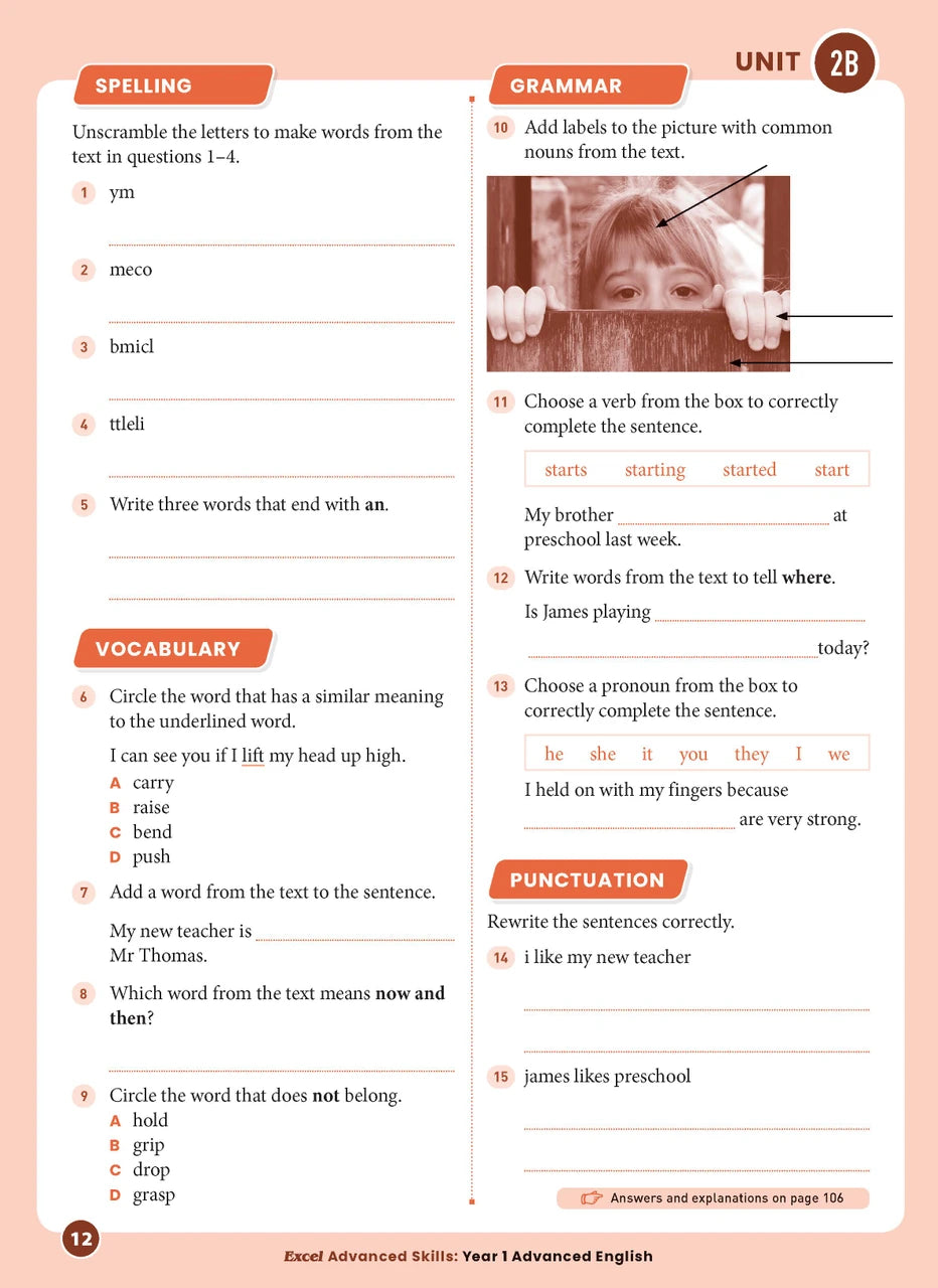 Sample interior page 12 from Excel Advanced English Year 1 showing the workbook's English activities and questions