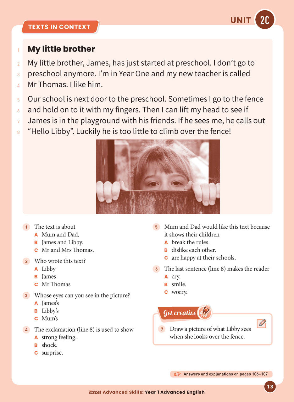 Sample interior page 13 from Excel Advanced English Year 1 showing the workbook's English activities and questions