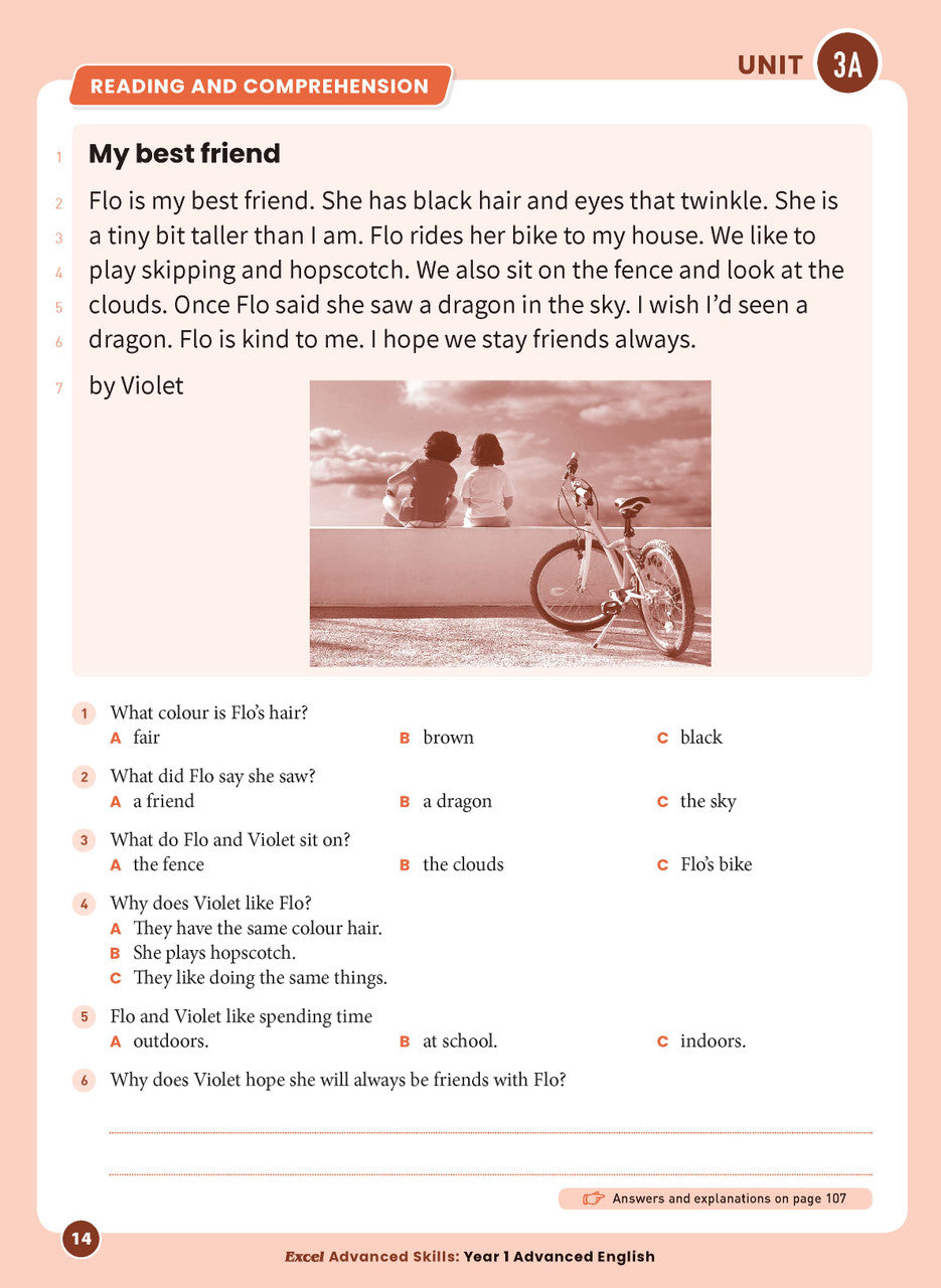 Sample interior page 14 from Excel Advanced English Year 1 showing the workbook's English activities and questions