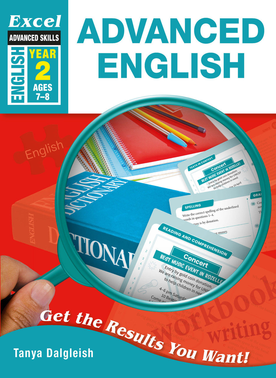 Front cover of Excel Advanced English Year 2, showing the Excel Advanced Skills series branding, title and year level