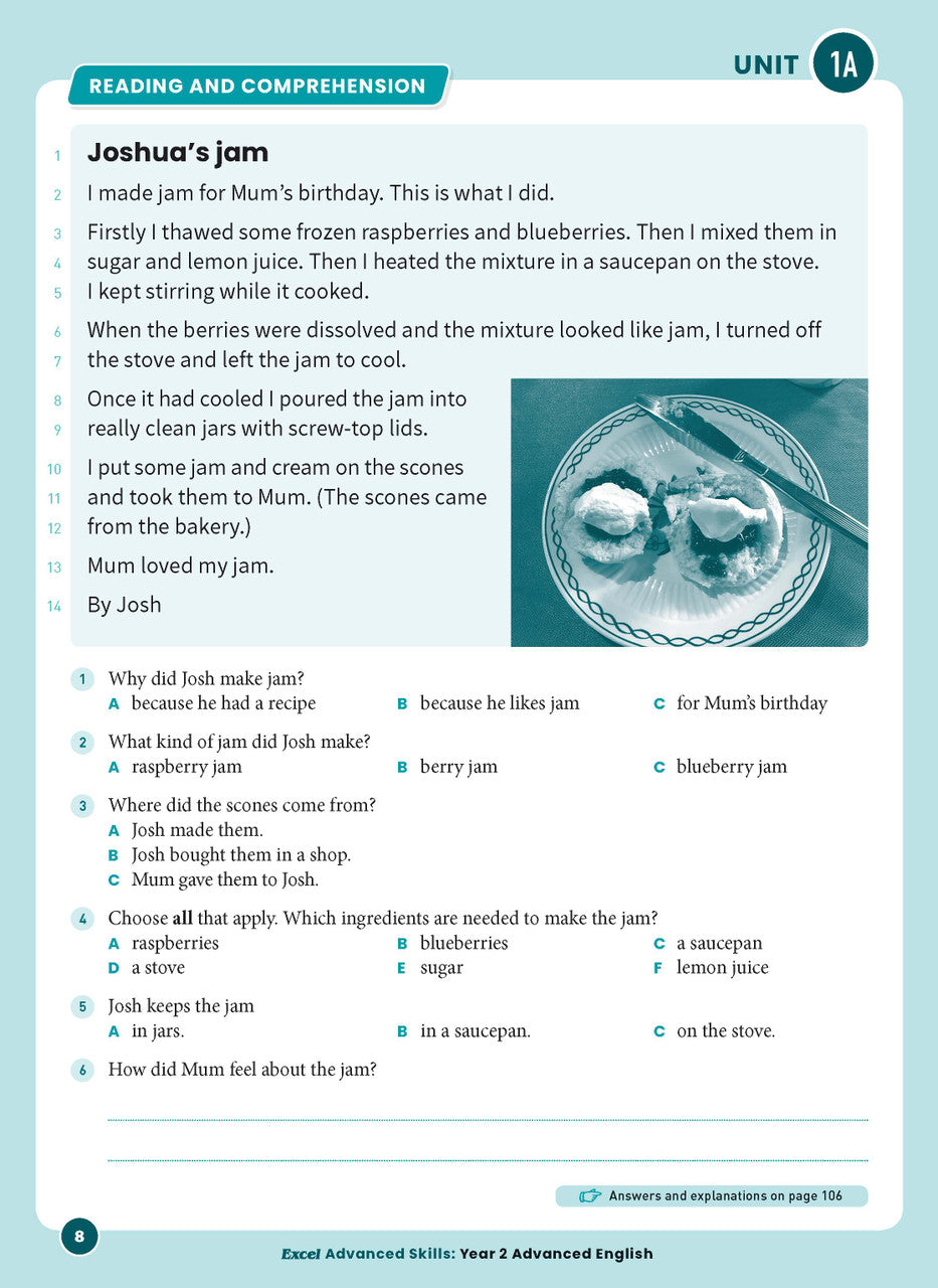 Sample interior page from Excel Advanced English Year 2 showing English activities and questions for students to complete