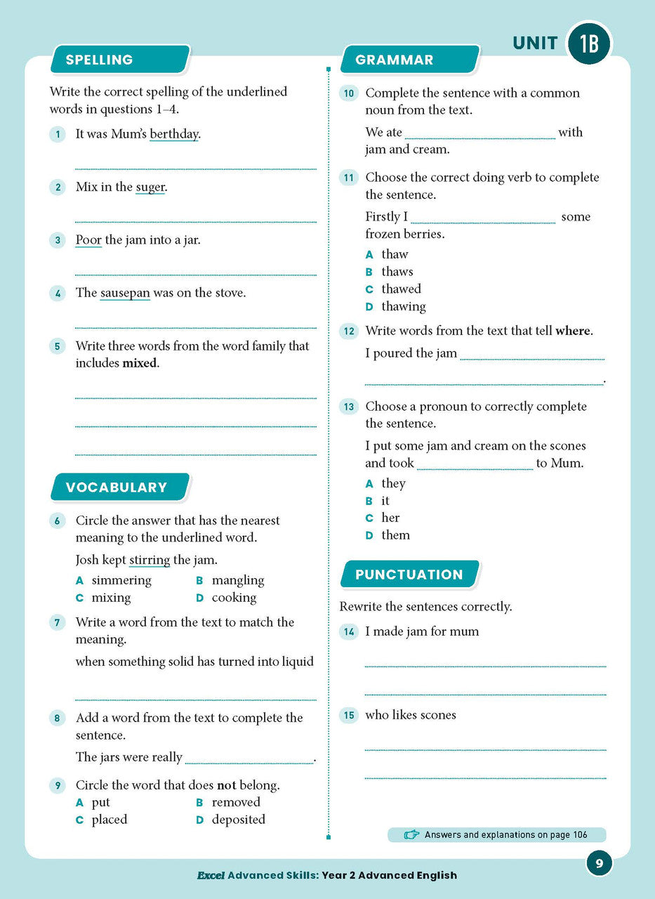 Sample interior page from Excel Advanced English Year 2 showing English activities and questions for students to complete