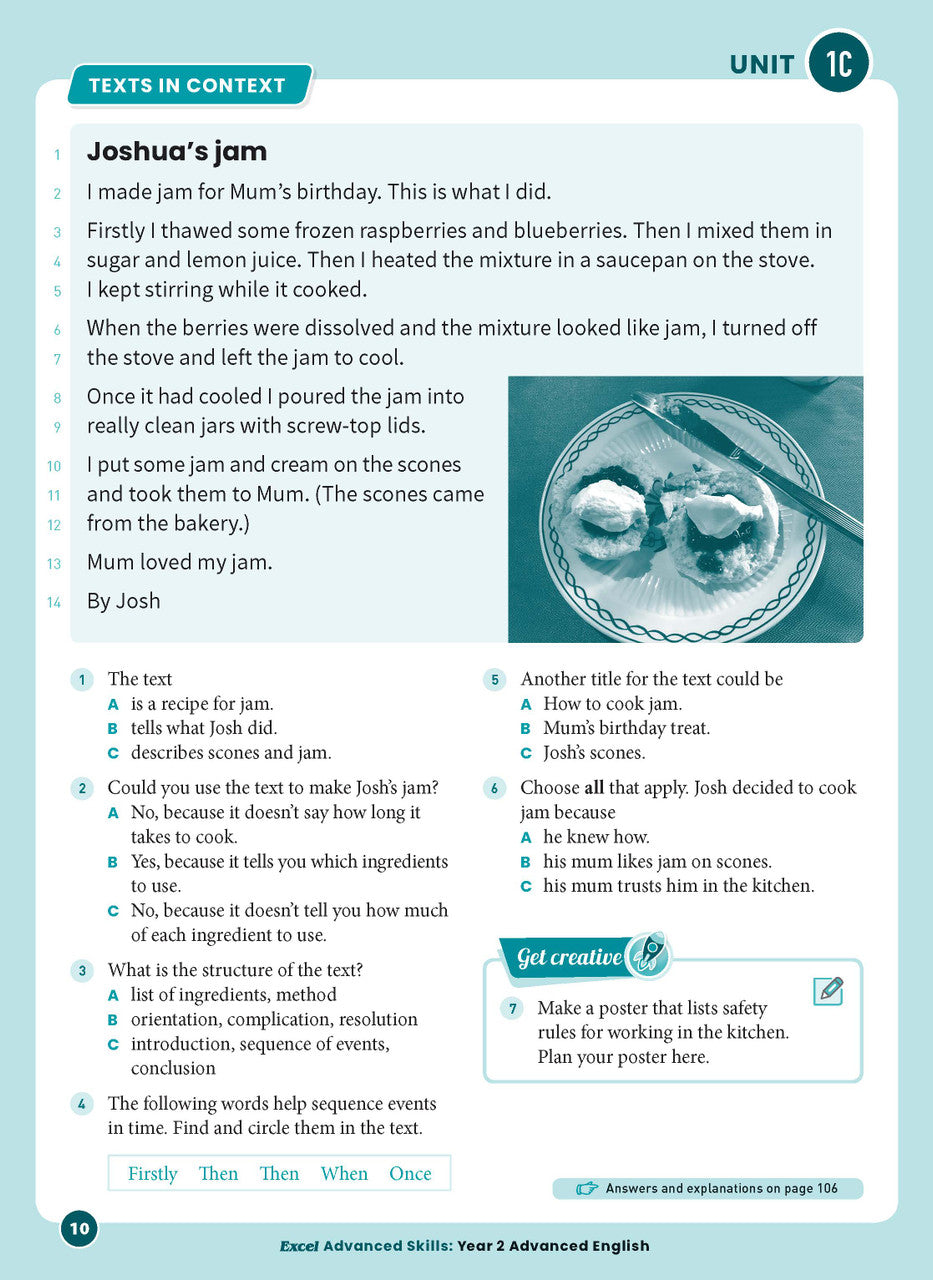 Sample interior page from Excel Advanced English Year 2 showing English activities and questions for students to complete