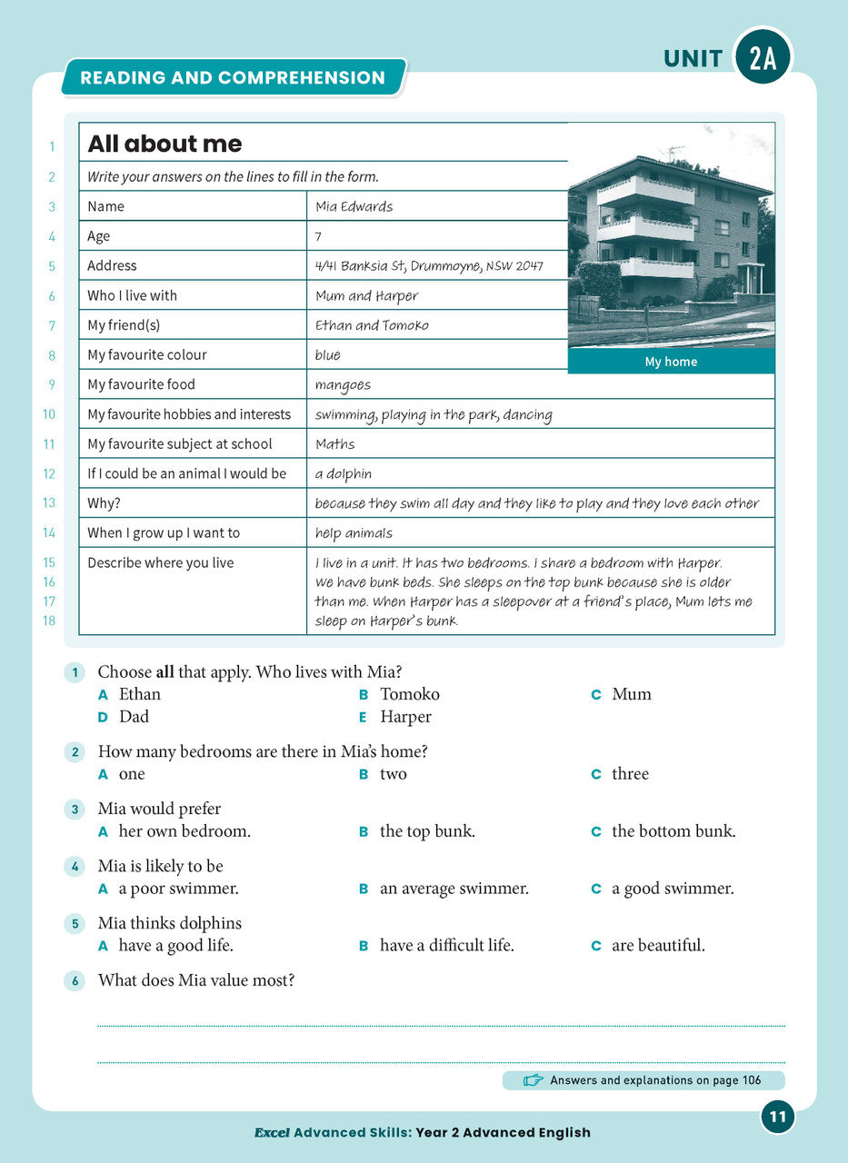 Sample interior page from Excel Advanced English Year 2 showing English activities and questions for students to complete