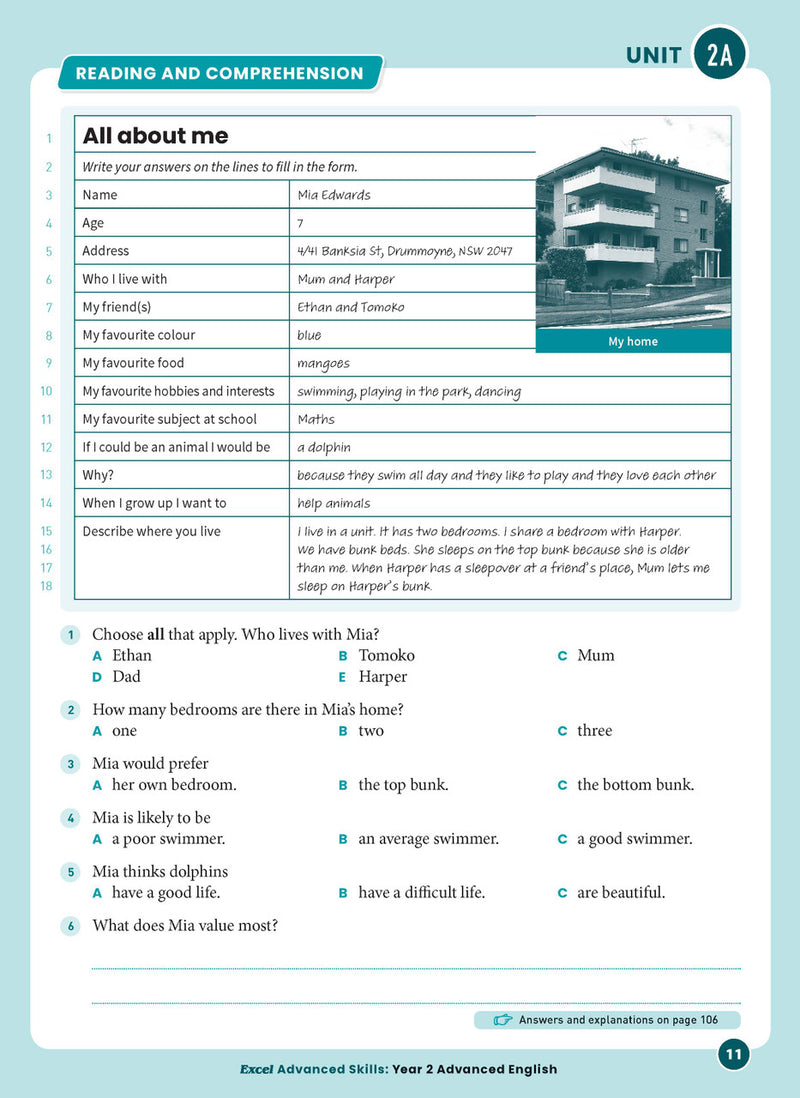 Sample interior page from Excel Advanced English Year 2 showing English activities and questions for students to complete